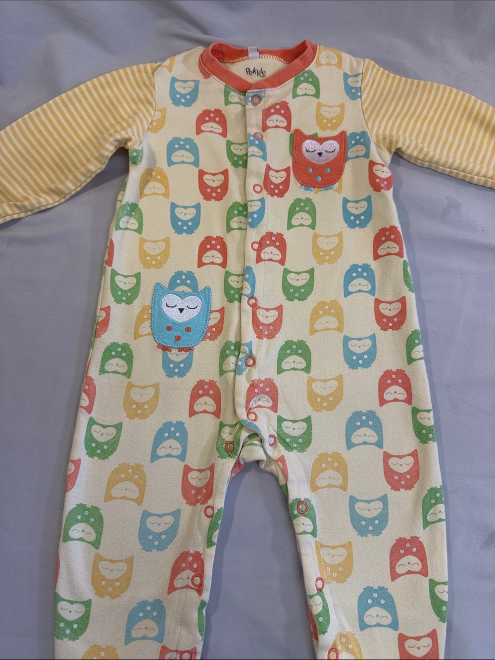 Pekkle Owl Print Footie with Yellow Striped Sleeves